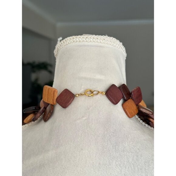Vintage Shades of Stained Square Wooden Panel Necklace - Picture 3 of 6